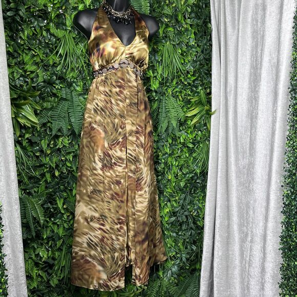 Vintage ROBBI BEE Dress Women 10 Brown Gold Halter Neck Flowy Sheer Overlay 2303 - Picture 4 of 8